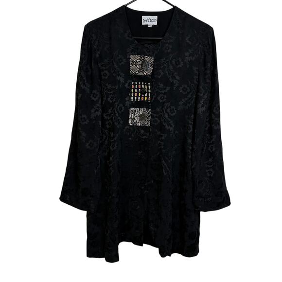 Vtg Yasuko Tunic Top Black M/L Womens Long Sleeve Jacquard Floral Artsy Button - Picture 1 of 10